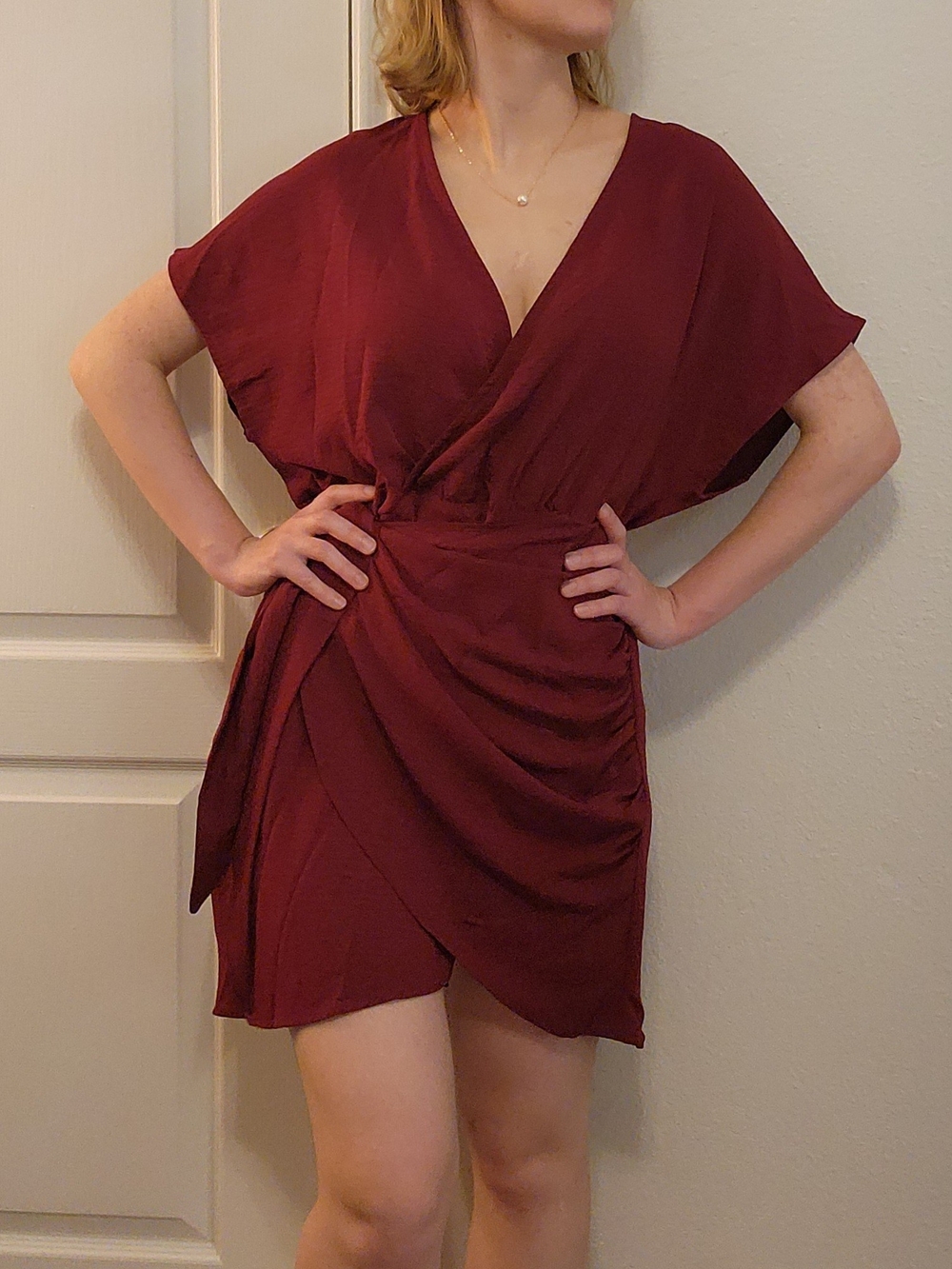 SHEIN Maroon Burgundy Wine Red Faux Wrap Ruched Mini Dress Size L